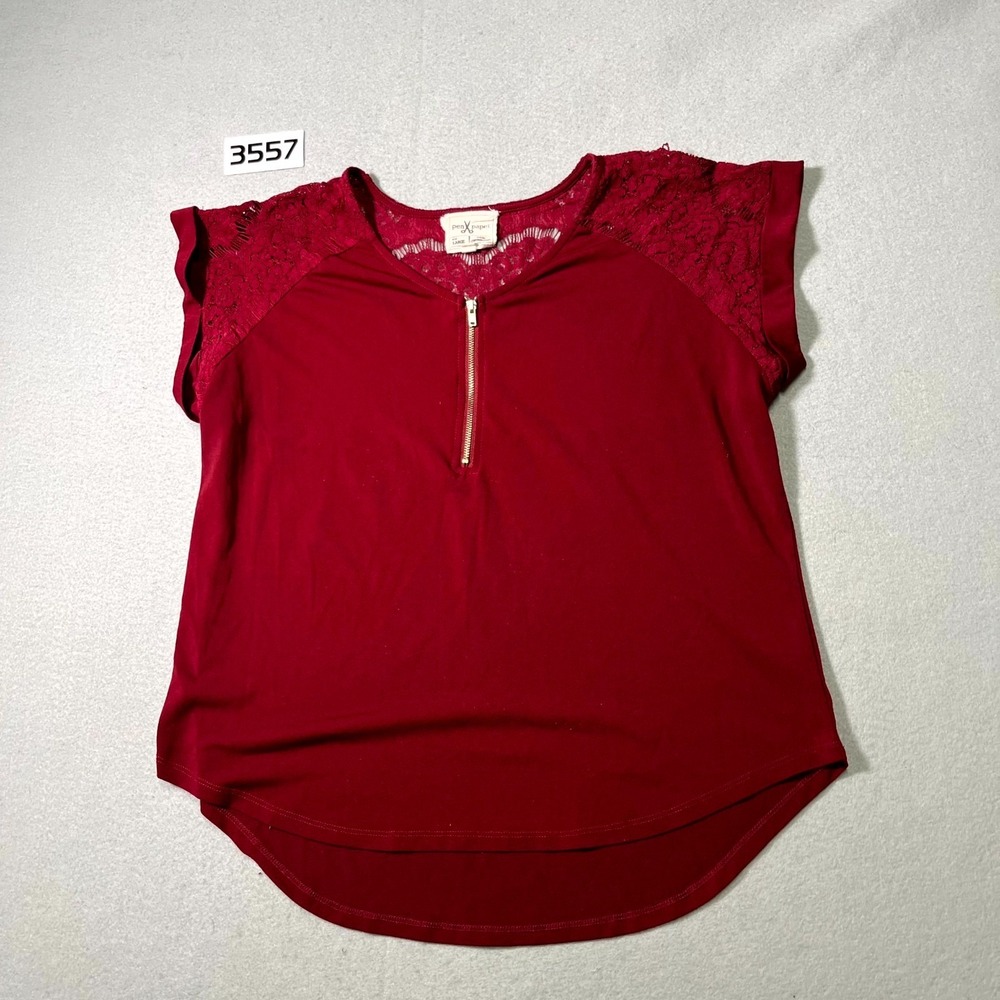 Pen Paper Blouse Top Womens Large Burgundy Lace Detail Cuffed Sleeve Quarter Zip